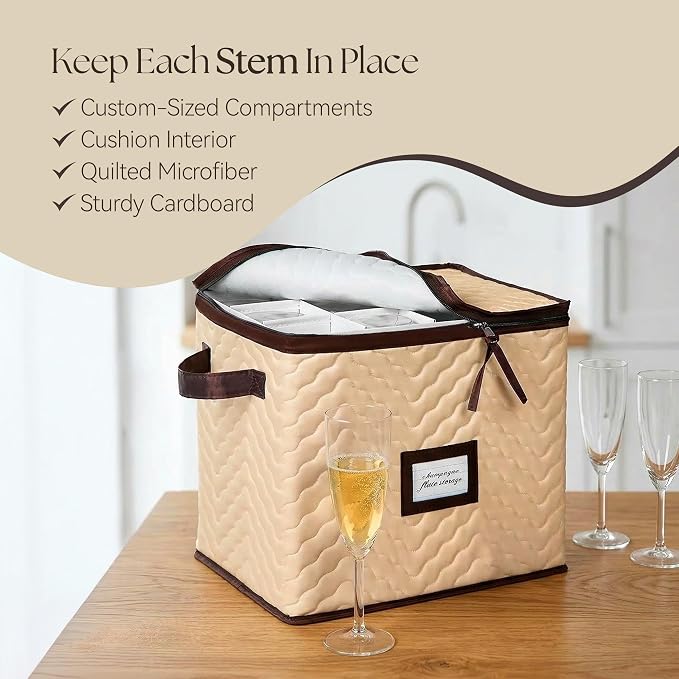 Wine Glass Storage Box with Dividers, Holds 12 Champagne Flute 3" Wide | 2 Pack, Stemware Storage Case, Protects Fine China, Durable Quilted Microfiber, Carry Handles, Ideal for Champagne Flute