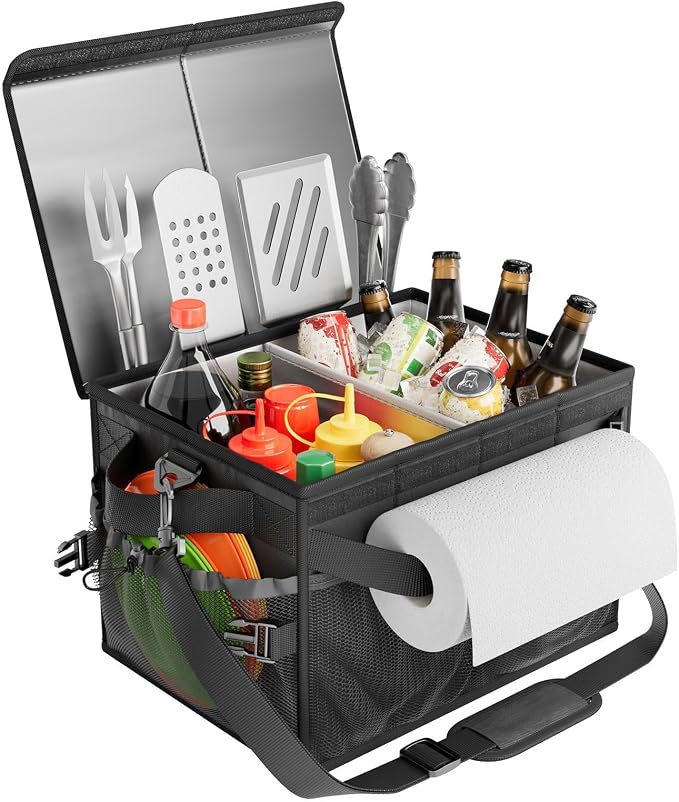 Grill Caddy with Lid, Foldable BBQ Caddy with Paper Towel Holder | 11 Compartments, Easy-Clean Aluminum Interior, 1680D Oxford Fabric, Water-Resistant, Shoulder Strap Included, Tailgating