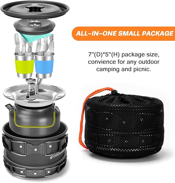 Odoland 16pcs Camping Cookware Mess Kit, with Folding Camping Stove | Anodized Aluminum, for Hiking, Outdoor Cooking and Picnic, 1.9L Pot 0.8L Kettle 0.86L Pan 3000W Stove, Little Compact Pot Set