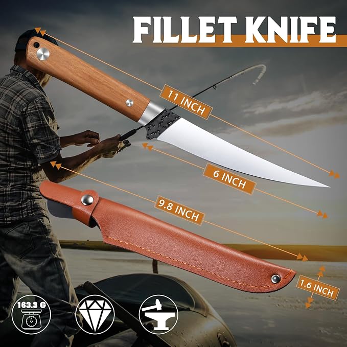 Huusk 6 inch Fillet Knife - Sharp Japanese Fillet Knife for Fish | Wooden Handle, Professional Flexible Boning Knives, Gift Box, for Meat Cutting and Trimming