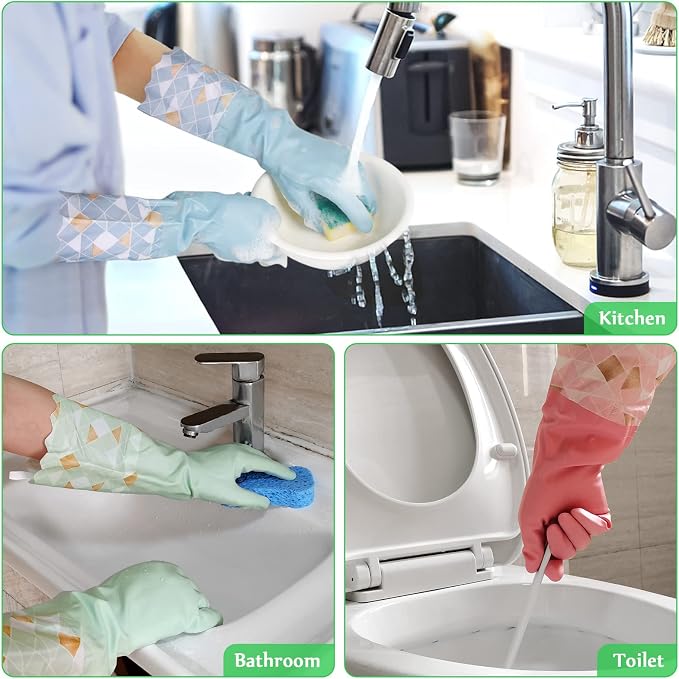 Household Cleaning Gloves 3 Pairs Reusable Dishwashing Gloves Latex Free, Non-Slip Kitchen Glove with Cotton Lined, Waterproof Dish Washing Gloves