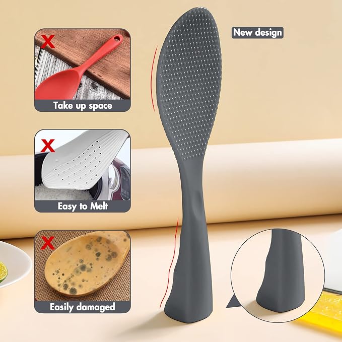 Silicone Standing Rice Spatula with Non-Stick Paddle, Heat Resistant Rice Cooker Spoon, Serving Spoon - Space Gray