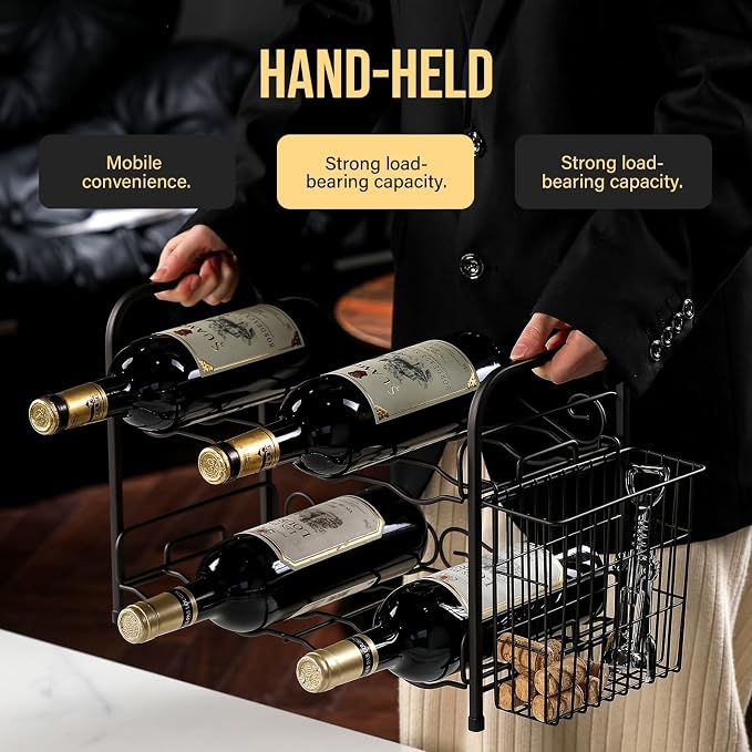 Wine Rack, 2-Tier 8 Bottles Wine Racks with Cork Holder Countertop Cabinet Wine Holder Wine Storage Shelf for Pantry Kitchen Bar Black
