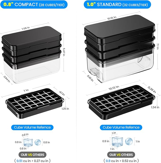 1.0" Ice Cube Trays for Freezer, PHINOX Ice Tray, 3-Tier(32Cubes/Tier)Black