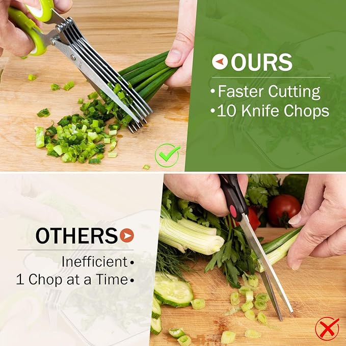 X-Chef Multipurpose 5 Blade Herb Scissors | Kitchen Herb Shears Herb Cutter with Safety Cover and Cleaning Comb for Chopping Basil Chive Parsley (Green)