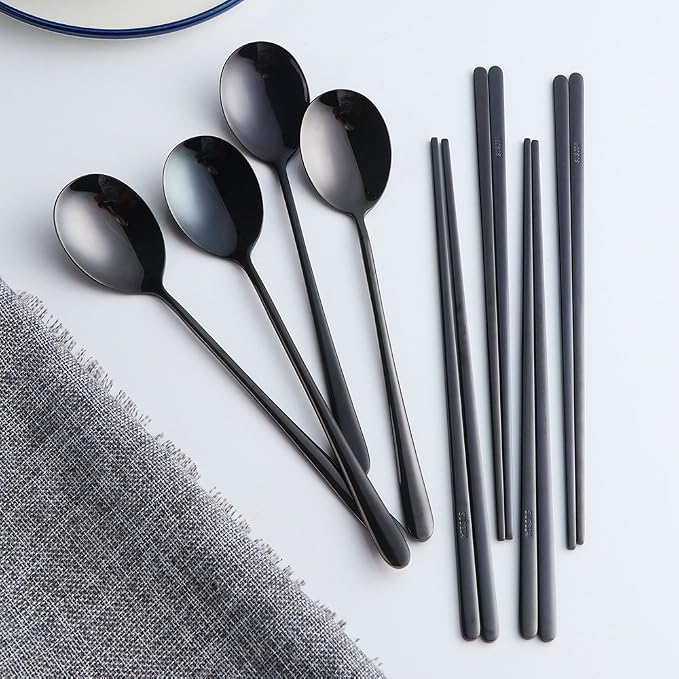 Buyer Star 4 Set Spoon Chopsticks, Black Reusable Metal Stainless Steel Korean Chopstix Spoon Set