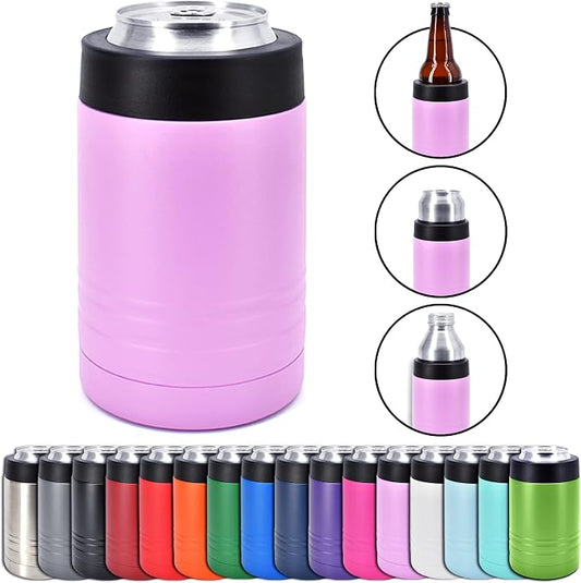 4-in-1 Stainless Steel 12 oz Double Wall Vacuum Insulated Can or Bottle Cooler Keeps Beverage Cold for Hours - Also Fits 16 oz Cans - Powder Coated Light Purple - Clear Water Home Goods
