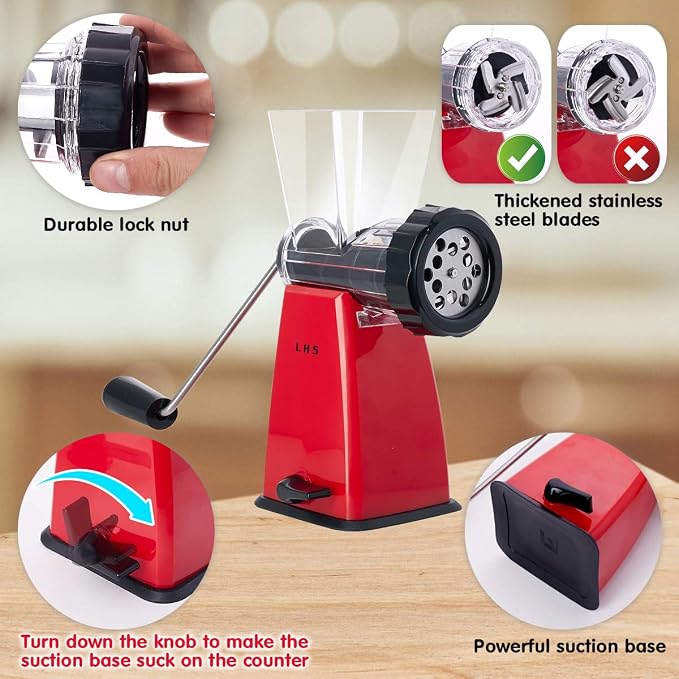 Manual Meat Grinder with Stainless Steel Blades Heavy Duty Powerful Suction Base for Home Use Fast and Effortless for All Meats-Red