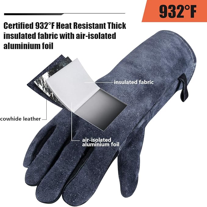 OZERO Welding Gloves 14 Inch, EN407 Certified Heat Resistant to 932°F, Gray | 1.2 mm Split Leather, Aluminum Heat Shield, Aramid Stitching, Long Cuff, MIG/TIG/Stick welding, Fireplace Fire Pit and BBQ