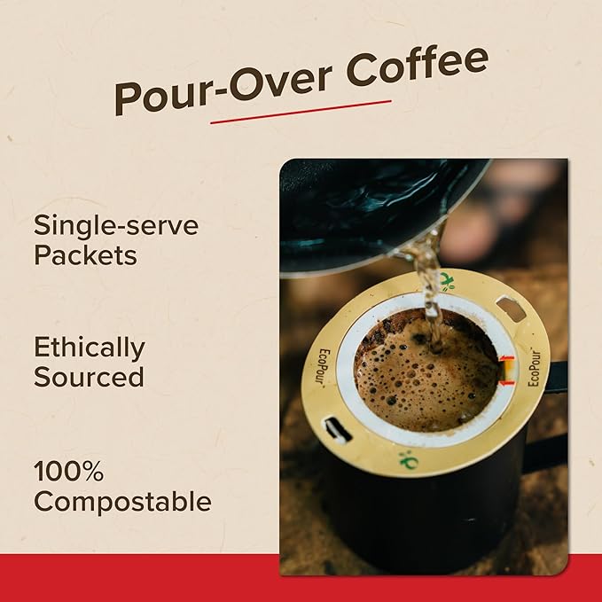 Coulée EcoPour She Devil Coffee, Single Serve Pour Over Arabic Coffee, Medium Roast, Use for Camping or Traveling, Pre Filled Compostable Filters, Ready to Brew with Hot Water, 20 Pack
