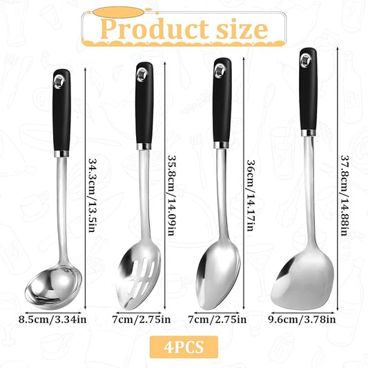 14 Inch Cooking Spoons Set Stainless Steel Kitchen Cooking Utensil Large Serving Spoons Set with Ergonomic Handle Slotted-Spoon, Ladle, Cooking-Spoon, Serving-Spoon (Pack of 4)