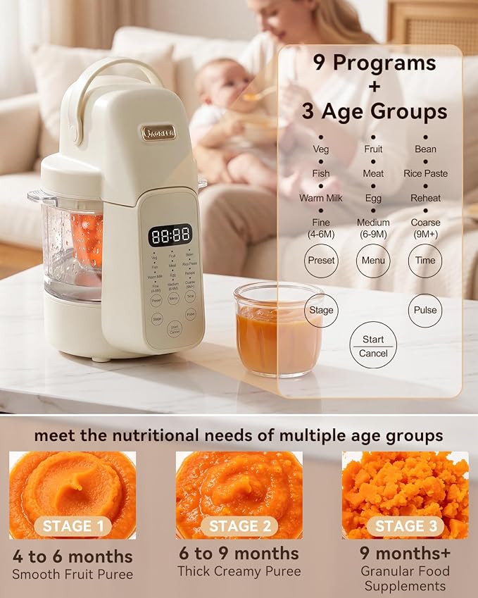 IAGREEA Baby Food Maker, 9-IN-1 Glass Baby Food Processor with Steamer | 3 Age Group Options, One Step Auto Cooking, BPA-Free, No Contact with Plastic, Manual Mode, Stainless Steel and Glass