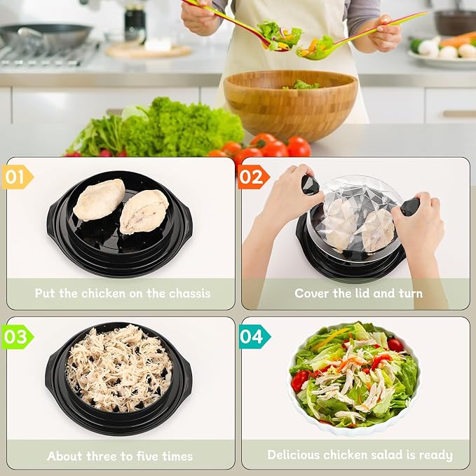 Chicken Shredder with Brush 10" Pro Chicken Shredder Tool Twist Stable Anti-Slip BPA Free Meat Shredder Tool Twist Ergonomic Handle Meat Grinder Dishwasher-safe Transparent Lid Black