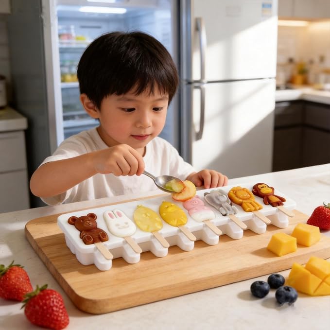8-Cavity Silicone Popsicle Mold, Animal-Shaped Ice Cream Mold Set, BPA-Free Cake Pop Mold,Suitable for Making Cake Pops, Popsicles, and Cake Popsicles (Animals - White)