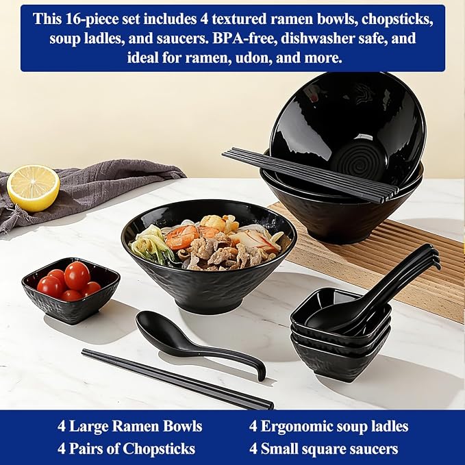 Berglander Ramen Bowl Set 40 oz of 4 with Dipping Bowls Chopsticks Spoons, Unbreakable Japanese Style Plastic Noodle Soup Bowls for Asian Pho Soup Thai Miso Udon Wonton