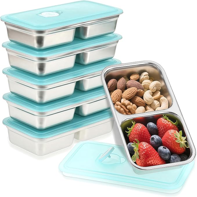 Stainless Steel Snack Containers, 6-Pack Reusable Grab and Go Containers with Lids, Dual Compartment Bento Box for Travel, Camping & Lunch Prep