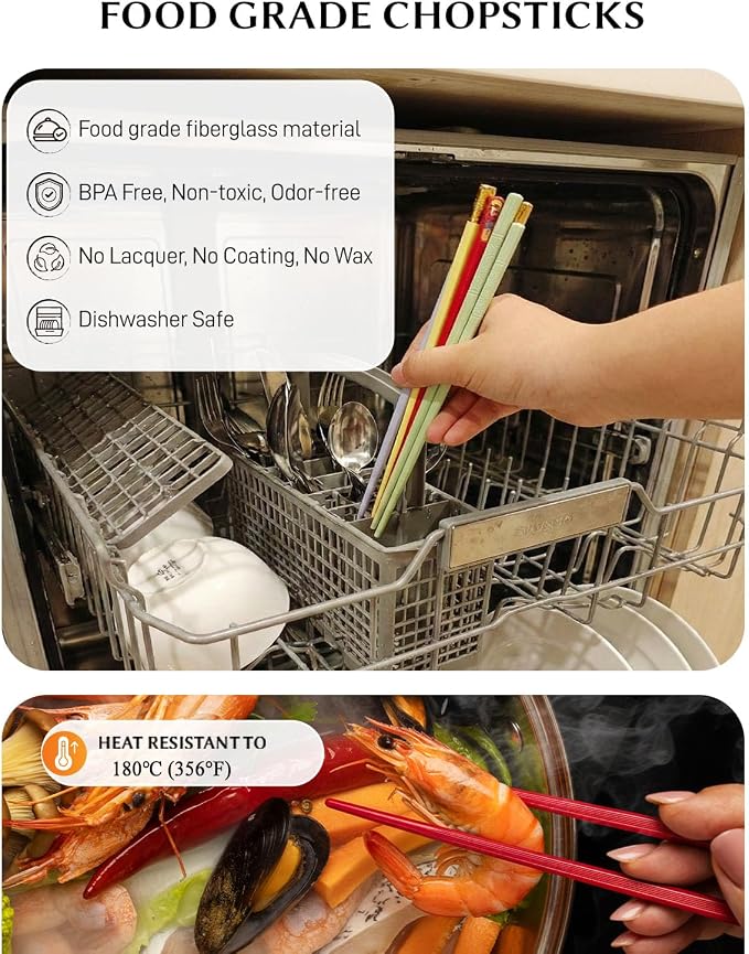 5 Pairs Reusable Training Chopsticks Set, 9.45 Inch Dishwasher Safe Fiberglass Japanese Chopsticks for Beginner, Non-Slip, Easy to Use