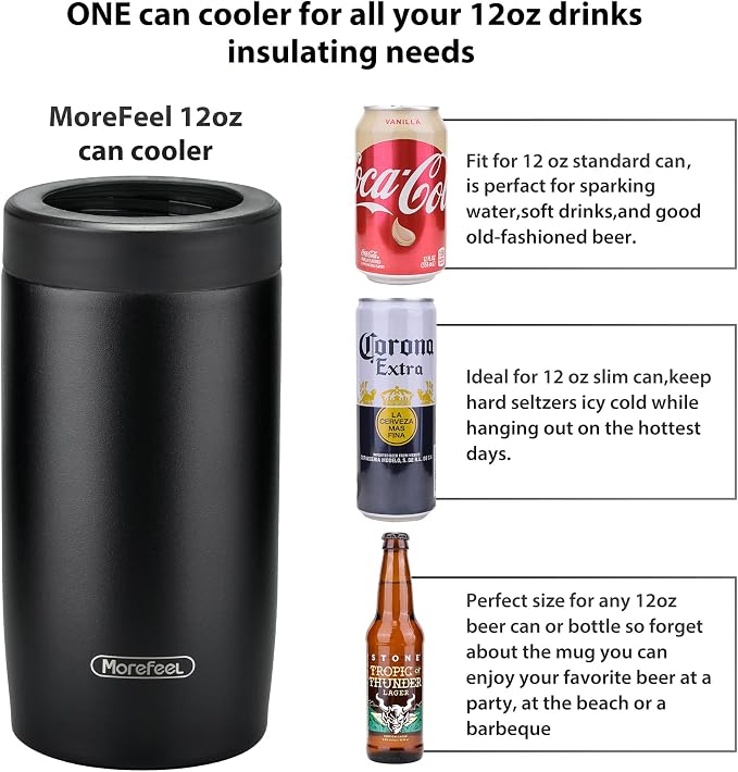 Morefeel 4-in-1 Insulated Can Cooler for 12 oz Cans & Bottles | 304 Stainless Steel Can Holder Fits 12 Oz Slim Cans, Standard Cans, Beer Bottles & Works as A Open Cup; Dishwasher Safe