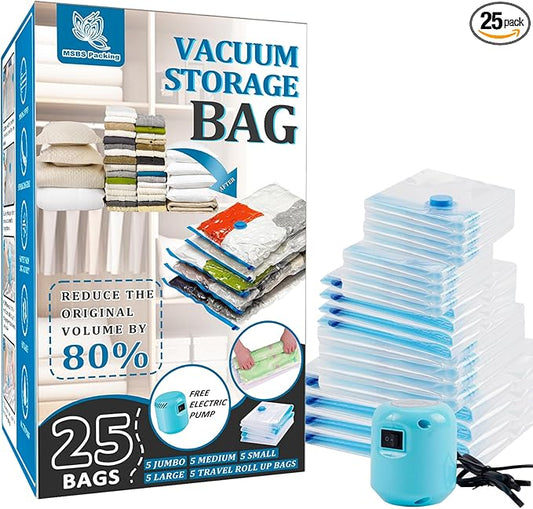 25 Pack Vacuum Storage Bags with Electric Pump, Space Saver Bags (5 Jumbo/5 Large/5 Medium/5 Small/5 Roll) Compression for Comforters and Blankets, Sealer Clothes Storage Travel Essentials