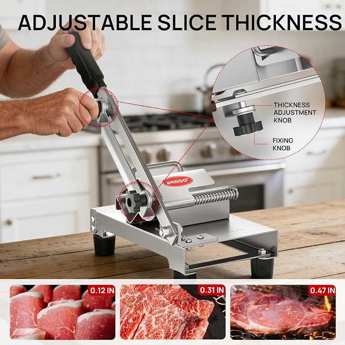 Manual Frozen Meat Slicer, Stainless Steel Meat Cutter for Home Use | Manual Slicing Machine with Adjustable Thickness for Beef, Pork, Lamb, Bacon BBQ,Salad,and Sandwich Slicing Easy to Use