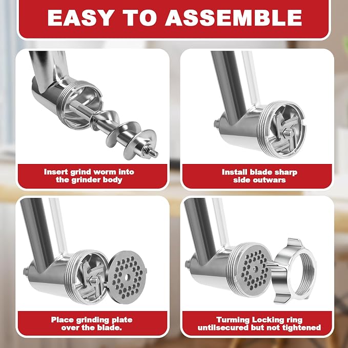 Meat Grinder Attachment for KitchenAid Stand Mixer – Metal Food Grinder with 4 Grinding Plates, 3 Sausage Stuffer Tubes & 2 Blades – Compatible with KitchenAid Mixers (Mixer Not Included)