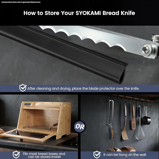 SYOKAMI Left-Handed Bread Knife for Homemade Bread, World's 1st Real Bow-Design Sourdough Bread Slicer, Razor-Sharp Cutter for Crusty Sourdough & Baguette, 4 Thickness Scale Marks, Ideal for Gift