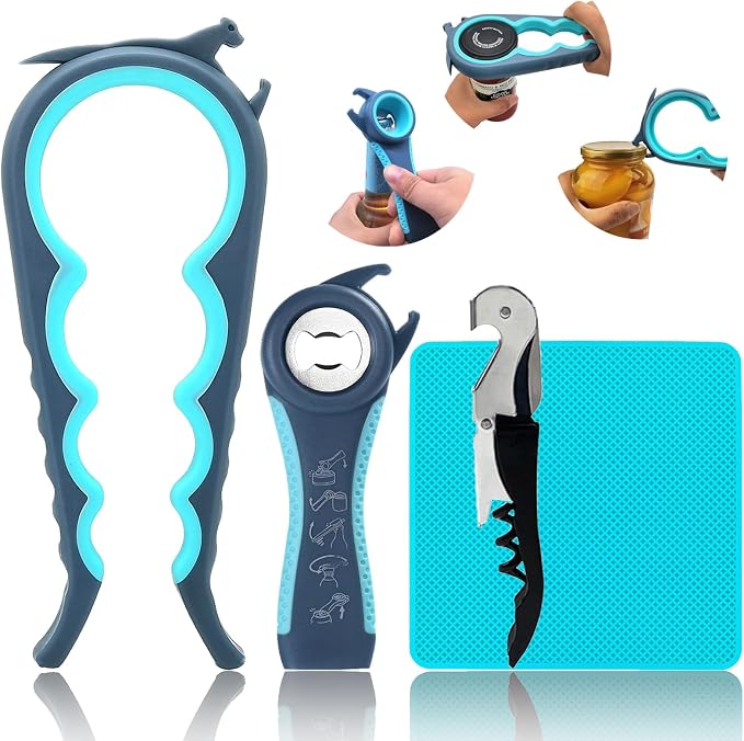 Otstar 6 in 1 Jar and Bottle Opener for Weak Hands, Seniors with Arthritis | Multi-use Lid Opener Set, Includes Non-slip Rubber Gripper Pad & Wine Opener, Comfortable Grip, Simple Twist-off Operation