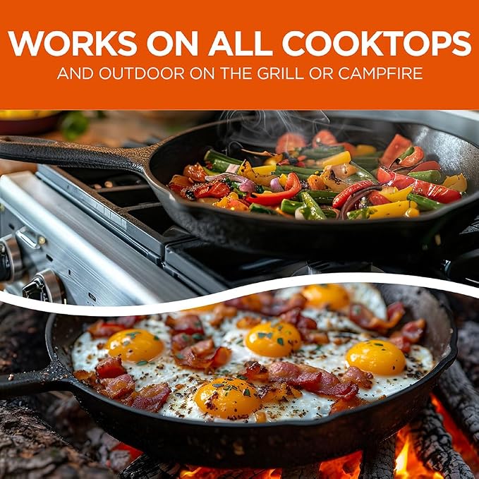 Commercial CHEF 10.25-Inch Cast Iron Skillet, Pre-Seasoned, CHFS1025 | Integrated Hanging Hole in Handle, Works on All Cooktops Including Induction, Outdoor Skillet for Campfires or Grills