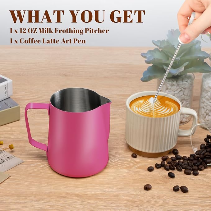 Amrules Milk Frothing Pitcher, 12 oz Milk Frother Cup with Clear Scale, 304 Stainless Steel Cappuccino Espresso Machine Accessories for Barista Coffee Bar with Latte Art Pen, Rose Red