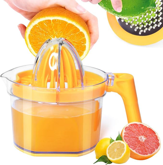 4-in-1 Lemon Squeezer, 16.9oz Manual Juicer with Dual Reamers | Multifunctional Citrus Juicer, Lemon Lime Squeezer with Detachable Handle/Grater/Egg Separator/Measuring Cup/BPA-Free, Orange