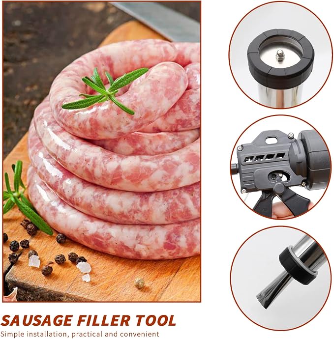 Hoypeyfiy Stainless Steel Jerky Gun Kit, Beef Jerky Maker Gun for Ground Meat, Manual Sausage Stuffer and Salami Maker with 5 Stainless Steel Nozzles, Meat Pusher and Cleaning Brushes