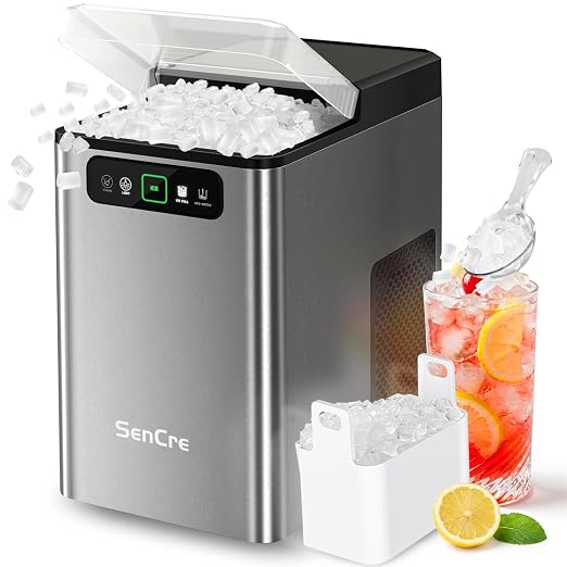 Nugget Ice Maker Countertop, Pellet Ice Machine Soft Chewable Ice 40lbs/Day, One-Click Operation, Auto Self-Cleaning Crushed Ice Makers Stainless with Scoop for Home/Kitchen/Office (Grey)
