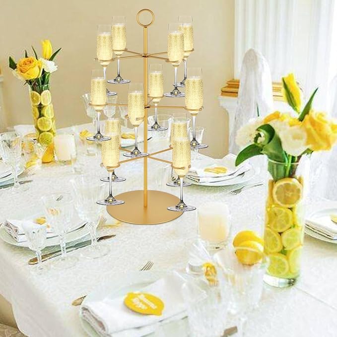 QPIX DIGITAL Champagne Tower,Metal Cocktail Tree Stand 3 Tier - 12 Holders For Champagne, Cocktails, Martini, Margarita Cups at Weddings,Bridal Parties & Events,Cocktail Glass Gold Holder