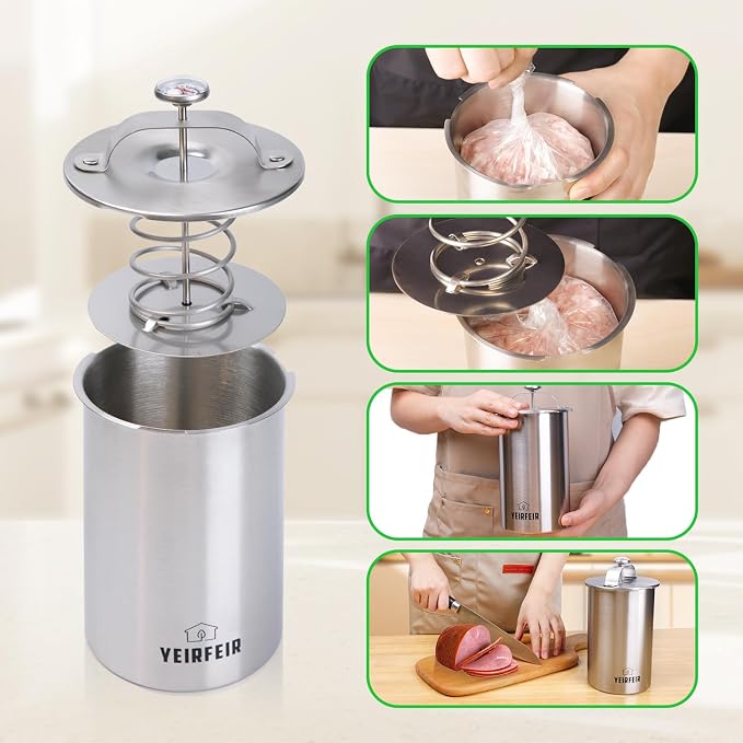 Deli Meat Press and Ham Maker - 304 Stainless Steel Lunch Meat Press with Thermometer, 20 Cooking Bags & Recipes - Healthy Homemade Cooking Tool for Ham &Deli Lunch Meat Making