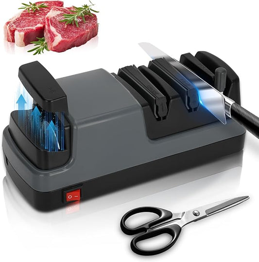 4-Stage Electric Knife Sharpener, For Kitchen Knives, Serrated Knives and Scissors, 100% Diamond Abrasive for Rapid Sharpening & Polishing, Grey Knife Sharpener