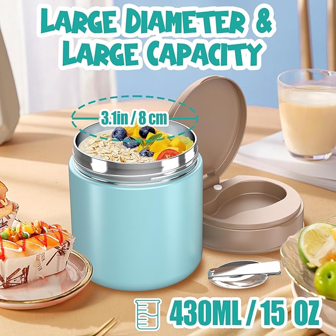 Thermo for Hot Food Kids - 15.2oz with Folding Spoon and Silicone handle | Leak Proof Insulated Food Jar, Soup Thermo, Wide Mouth Insulated Lunch Containers, Dishwasher Safety