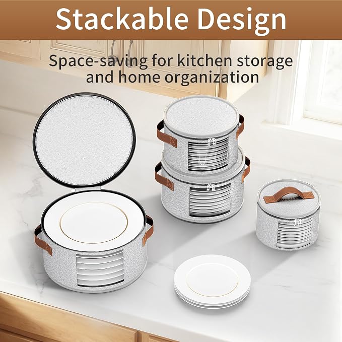 4-Piece Set China Storage Containers, Dish Storage with Clear Windows, Hard Shell Plate Storage Containers with Handles, Stackable Sturdy Dish Packing Supplies for Moving & Protection, Light Gray
