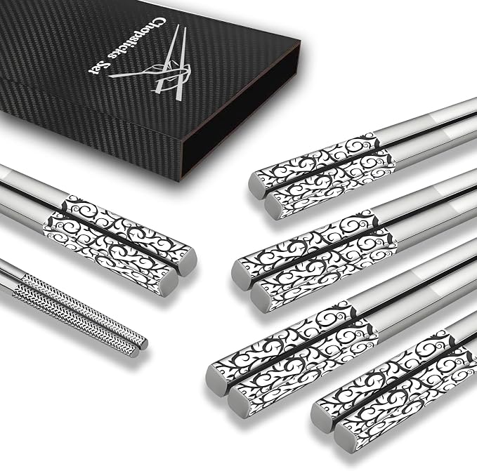 Metal Chopsticks Reusable,18/8 Stainless Steel,Tang Cao, 5 Pairs | Gift Box Set,ishwasher Safe, Square Lightweight, Non-Slip,Easy to clean