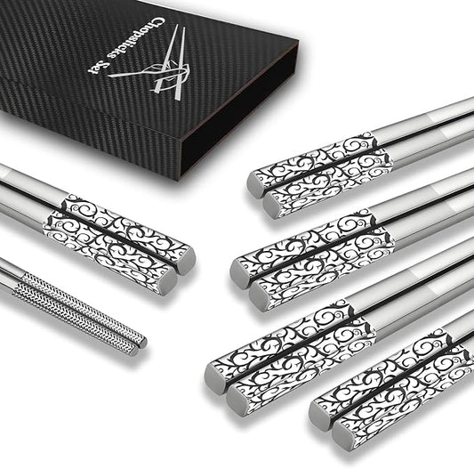 Metal Chopsticks Reusable,18/8 Stainless Steel,Tang Cao, 5 Pairs | Gift Box Set,ishwasher Safe, Square Lightweight, Non-Slip,Easy to clean