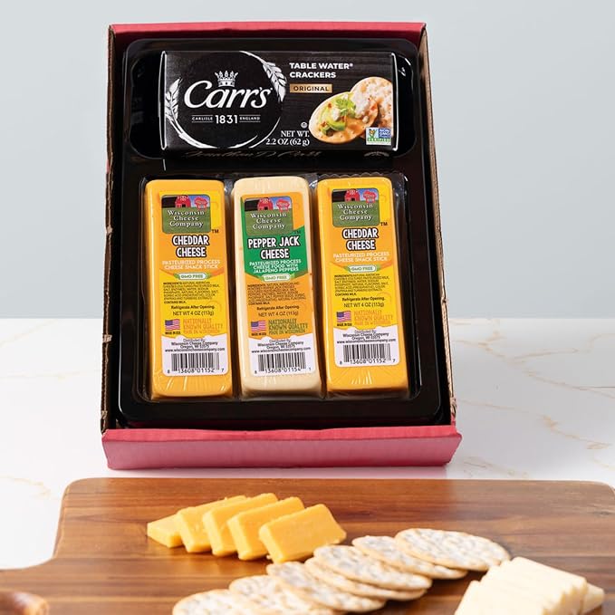 Wisconsin Cheese Company – Cheddar & Pepper Jack Cheese and Cracker Gift Box – Made in Wisconsin – Gourmet Charcuterie Board Gift Set for Entertaining & Gifting