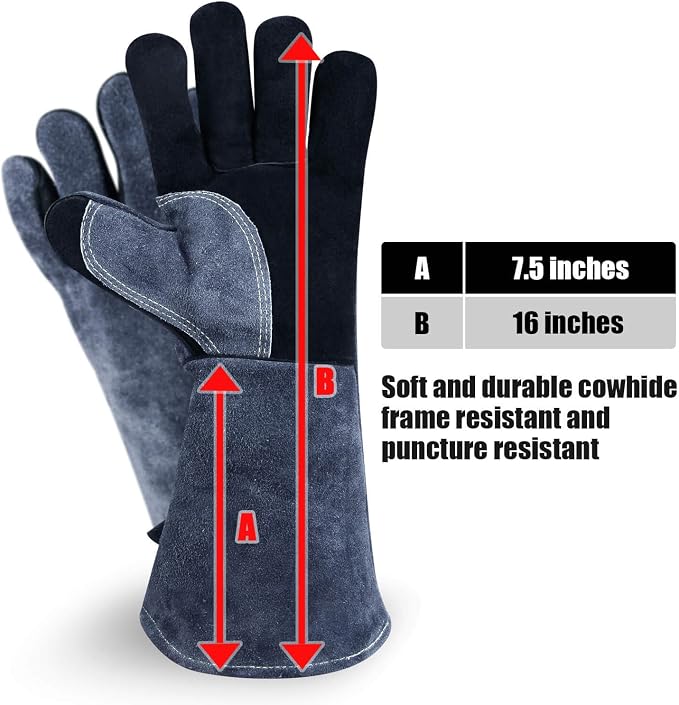 OZERO Welding Gloves, 16 Inch, EN407 Heat Resistant to 932°F, Black-Gray | 1.2 mm Split Leather, Aluminum Heat Shield, Aramid Stitching, Long Cuff, MIG/TIG/Stick welding, Fireplace Fire Pit and BBQ