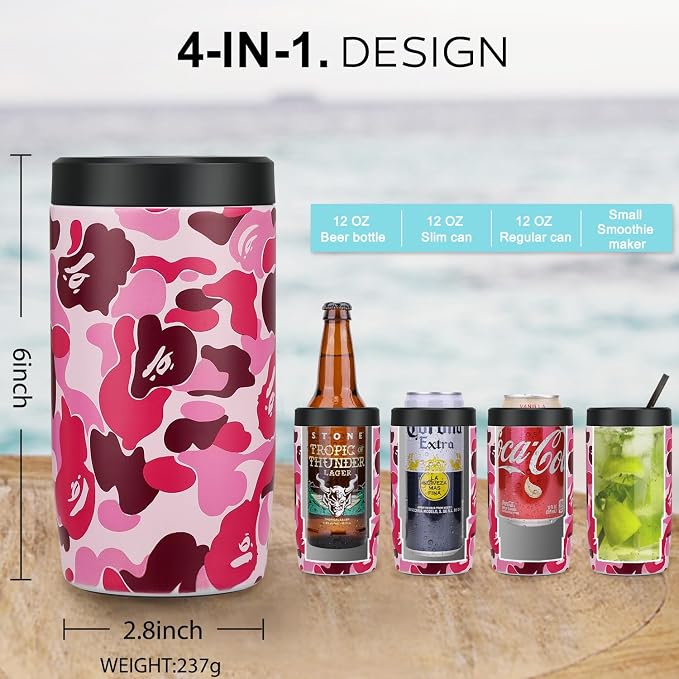 4-in-1 Slim Can Cooler Easy to Hold Insulated Beer Can Holder Double-walled Stainless Steel for All 12 Oz Cans (Camouflage Pink)