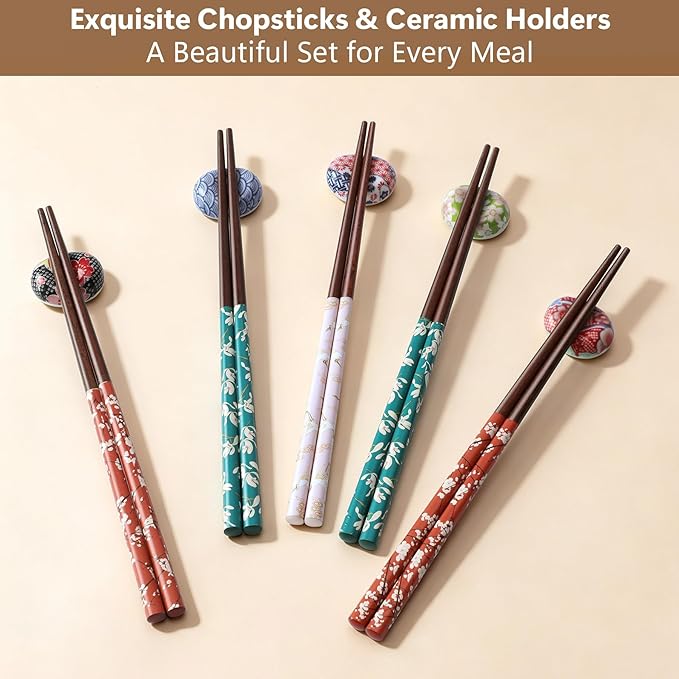 Antner 5 Pairs Reusable Wooden Chopsticks and Ceramic Rests Set, 8.8 Inch/22.5cm Classic Japanese Style Chopsticks with Holders for Ramen Sushi Asian Cuisine Lovers, Black Elegant Gift Box