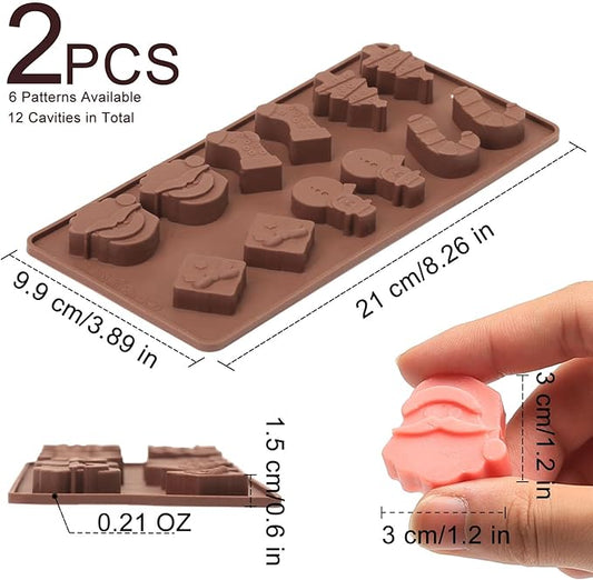 Chocolate Molds Silicone Christmas, Small Silicone Molds with 6 Shapes of Santa/Stockings/Tree/Candy Cane/Snowman/Xmas Box, Mini Candy Mold for Gummy/Fudge/Jelly/Fruit Snacks, 2 Pcs