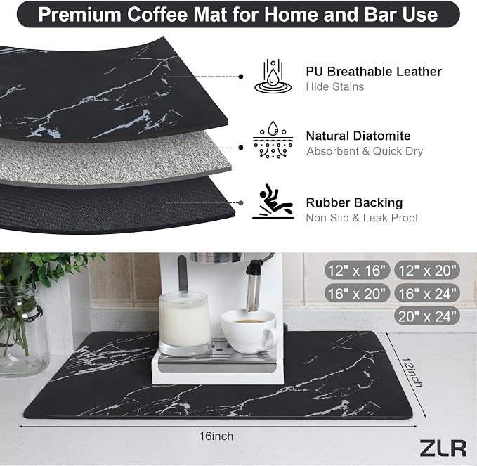 ZLR Coffee Bar Mat for Keurig & Nespresso, 12"x16" Small, Marble Black | Absorbent Dish Drying Mat, Stain-Hiding PU Leather Top, Non-Slip Rubber Back, Heat-Resistant, Fits Frother & Pour-Over