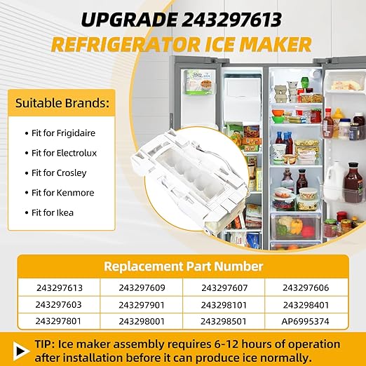 Upgraded 243297609 243297613 Ice Maker Replacement Refrigerator Ice Makers Fits for Frigidaire Ice-Maker 243297613, for Electrolux Icemaker Replacement Parts, Replaces 243297606, 6-Pin