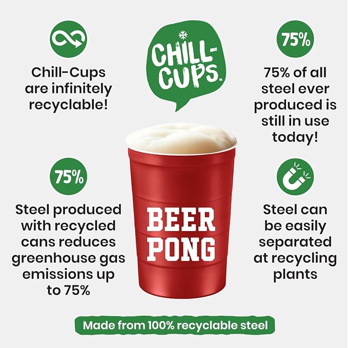 Steel Chill Cups 16 oz. Durable & Reusable Party Cups, Beer Pong, 12 Count | Made in USA from Steel these durable cups chill fast & keep your drink cold for longer, 100% recyclable for sustainablity