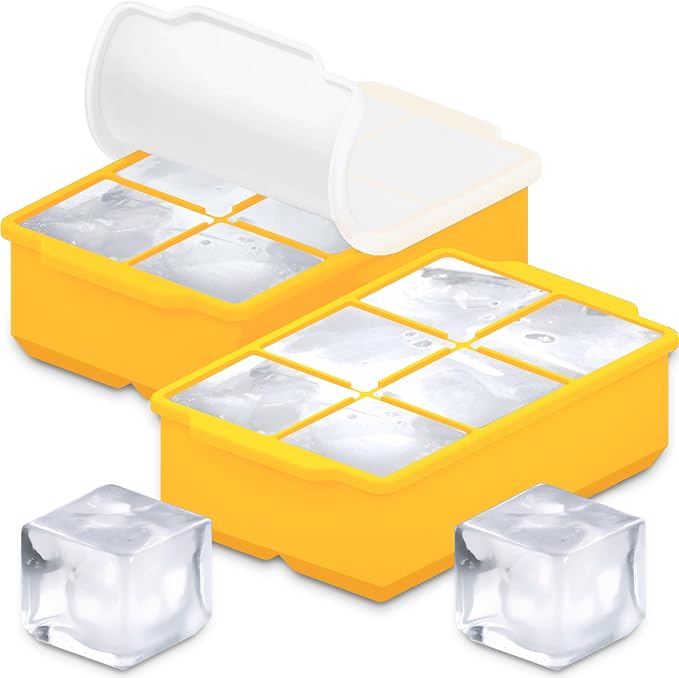 KitchFort® Large Silicone Ice Cube Tray (2-Pack), Easy Release 2" Big Ice Cubes - Cocktail, Whiskey Ice Cubes Mold - Ice Trays for Freezer with Lid - Stackable Silicone Ice Tray - Mustard Yellow