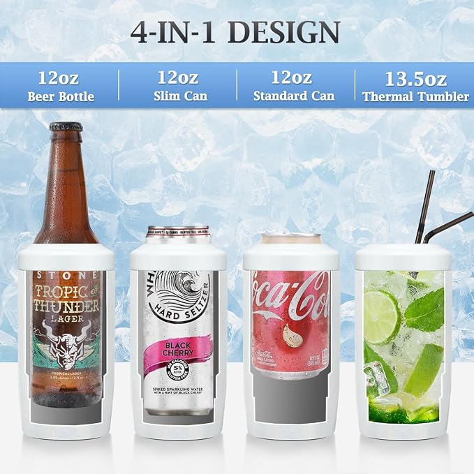 MAXSO Slim Can Cooler, 4-in-1 Double Walled Stainless Steel Insulated Beer Can Holder, Works With All 12 Oz Cans,Bottles & As A Pint Cups - Glitter White