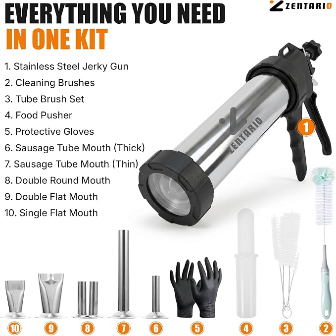 Jerky Gun for Ground Meat, Stainless Steel Beef Jerky Maker Kit | Beef jerky gun stainless steel 304, meat stick maker, 5 nozzles, 5 brushes, meat pusher, gloves, 1.7 lb barrel